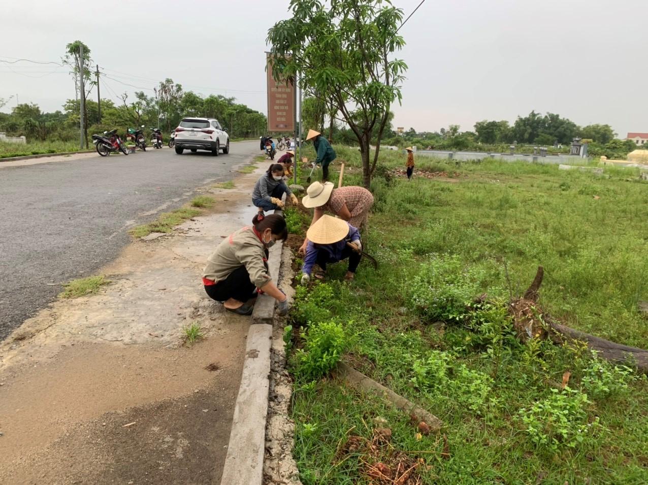 Hội Nông dân xã lao động trồng hàng rào xanh tuyến đường do Hội đảm nhận